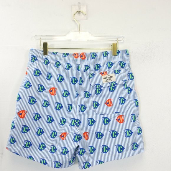 Abercrombie Fitch Men Board Short Medium Blue Striped Beach Summer Nautical Fish - Picture 8 of 9